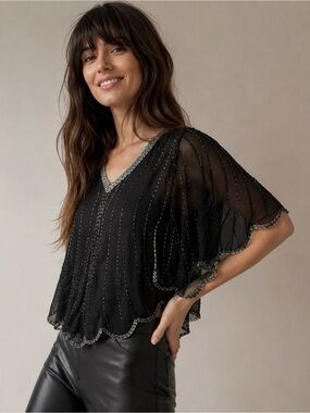 Black Silk Beaded Disco Poncho Top Scalloped Hem S/M